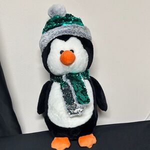 Penguin Plush with Teal and Silver reversible Sequin Hat and Scarf
